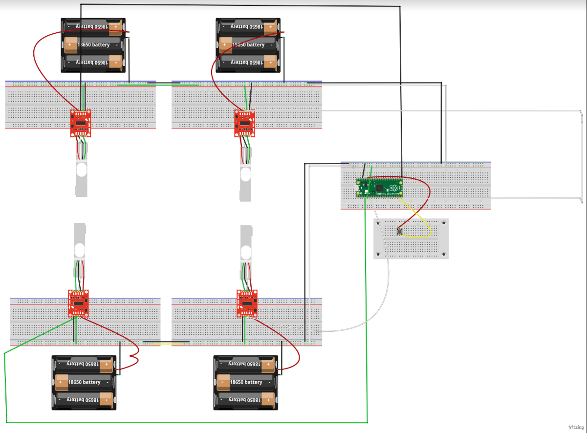 Circuit diagram showing the connections between the load cells, HX711 amplifiers, and Raspberry Pi Pico W.